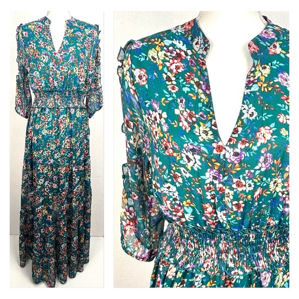 Spy Zone Exch Green Floral Maxi Dress Med Sheer Sleeves/Back Boho Feminine Lined